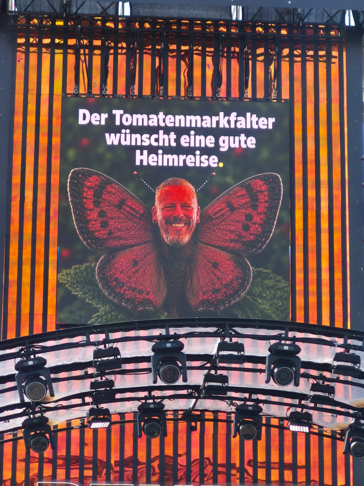 Tomatenmarkfalter auf einem großen Festivaldisplay